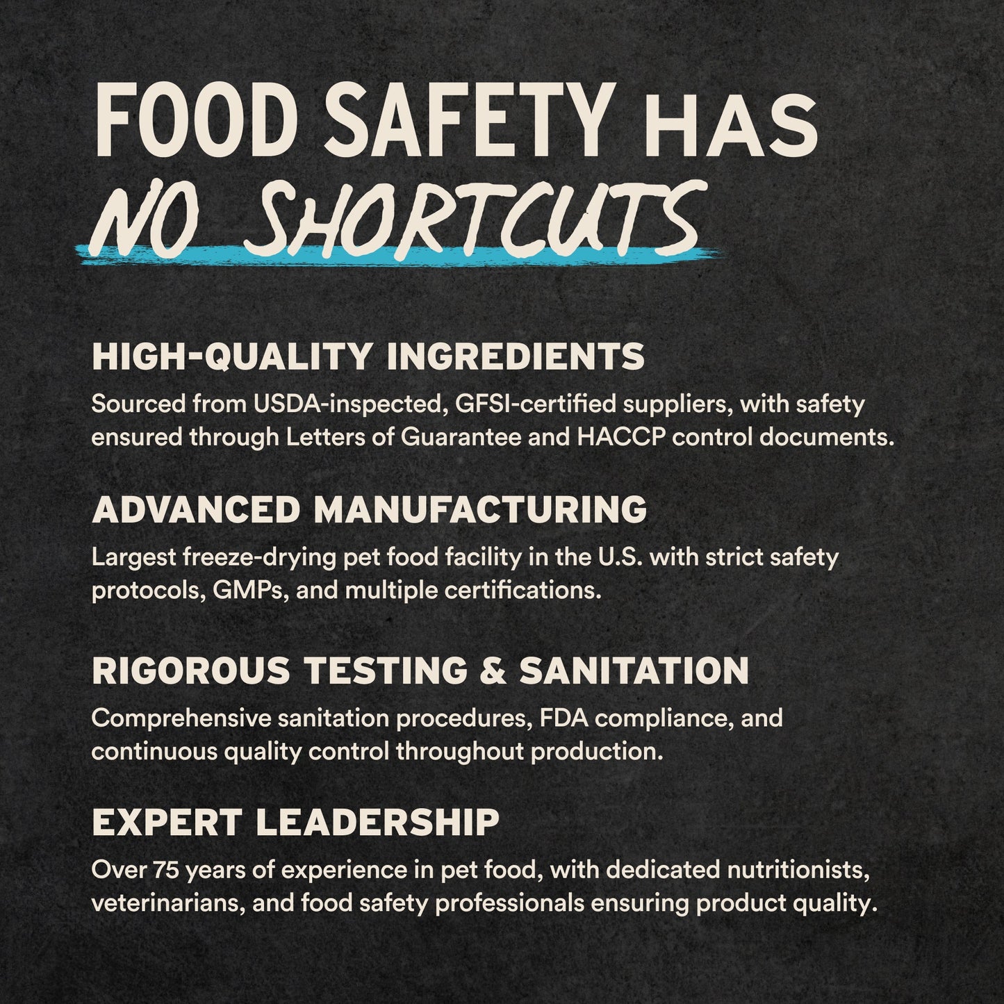 Food safety measures and quality assurance details on a black background.