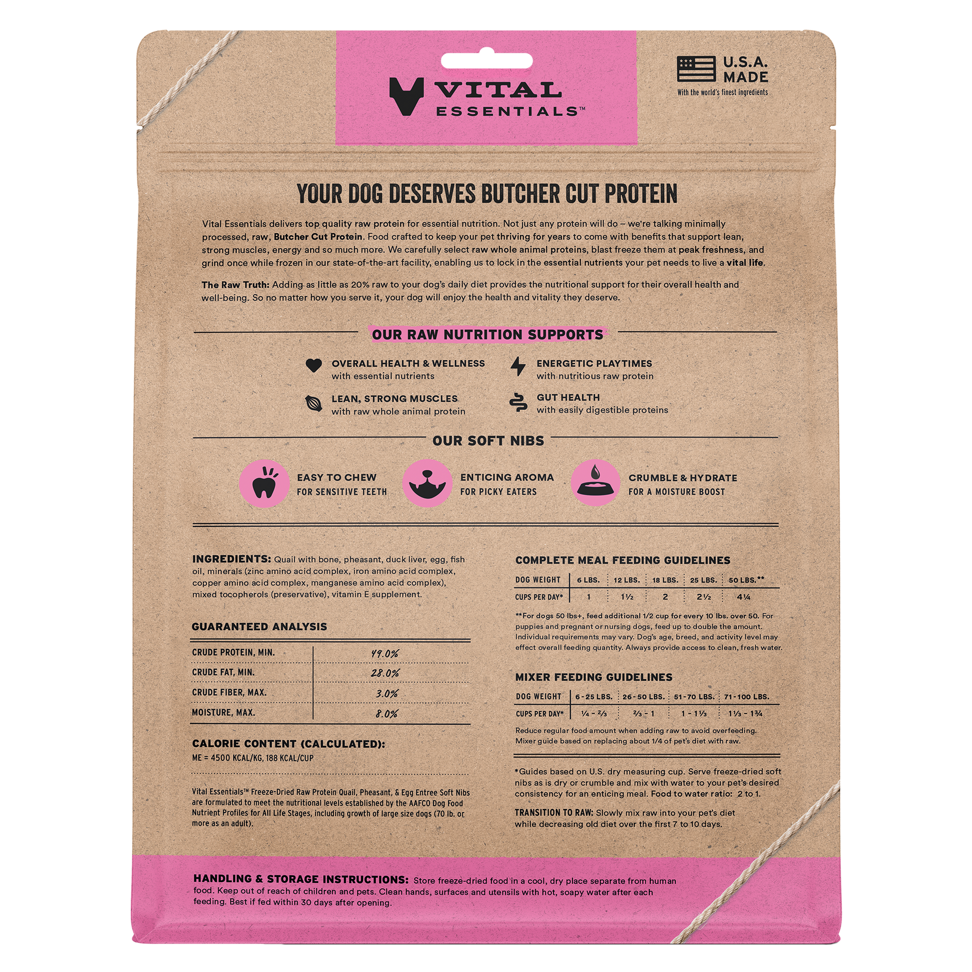 Back of Vital Essentials Quail, Pheasant, and Egg Entree bag with nutrition info, ingredients, and feeding guidelines
