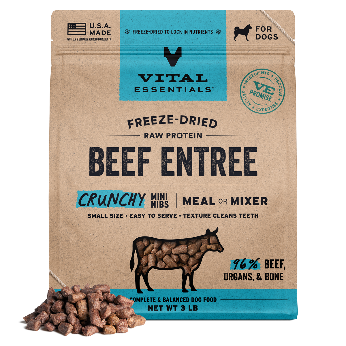 Freeze-Dried Beef Entree or Mixer Dog Food Crunchy Mini Nibs