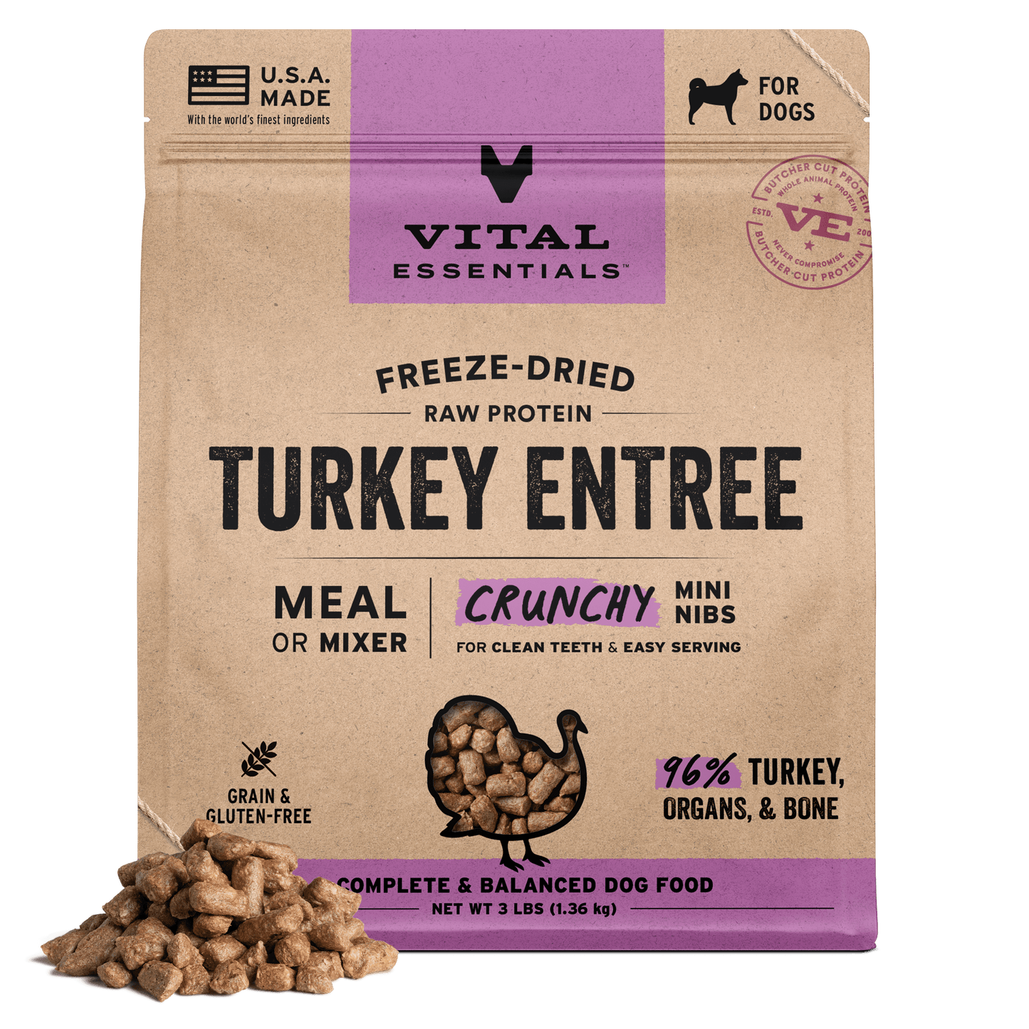 Freeze-Dried Turkey Entree or Mixer Dog Food Crunchy Mini Nibs