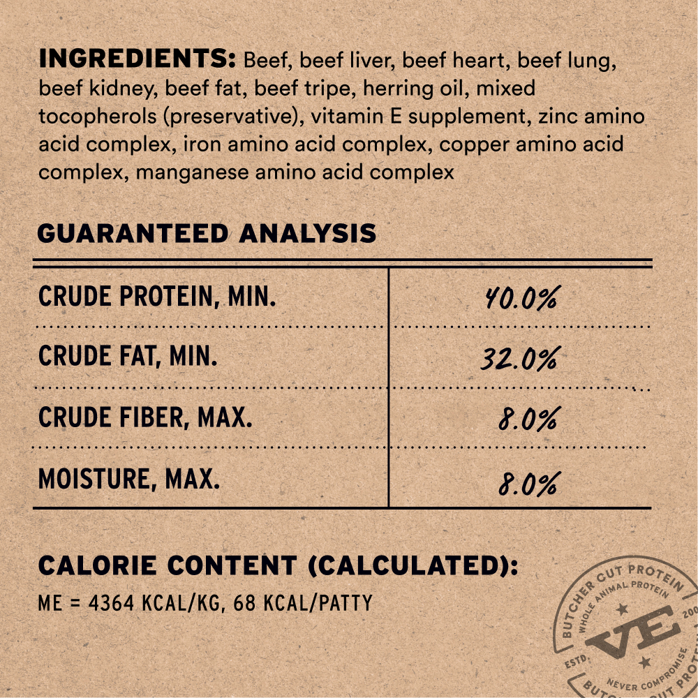 Beef entree freeze-dried mini patties ingredients and guaranteed analysis
