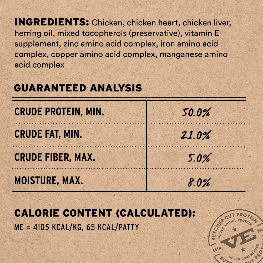 Chicken freeze-dried mini patties ingredients and guaranteed analysis