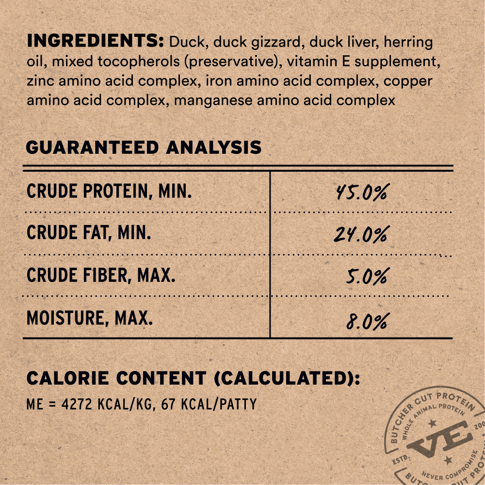 Duck entree freeze-dried patties ingredients and guaranteed analysis