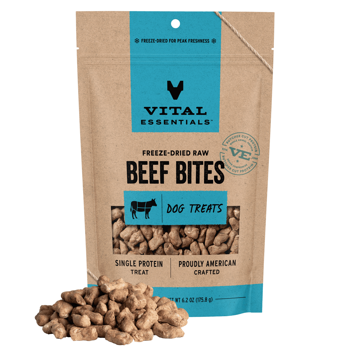 Vital Essentials Freeze-Dried Raw Beef Bites dog treats, single protein, 6.2 oz bag with treat pile