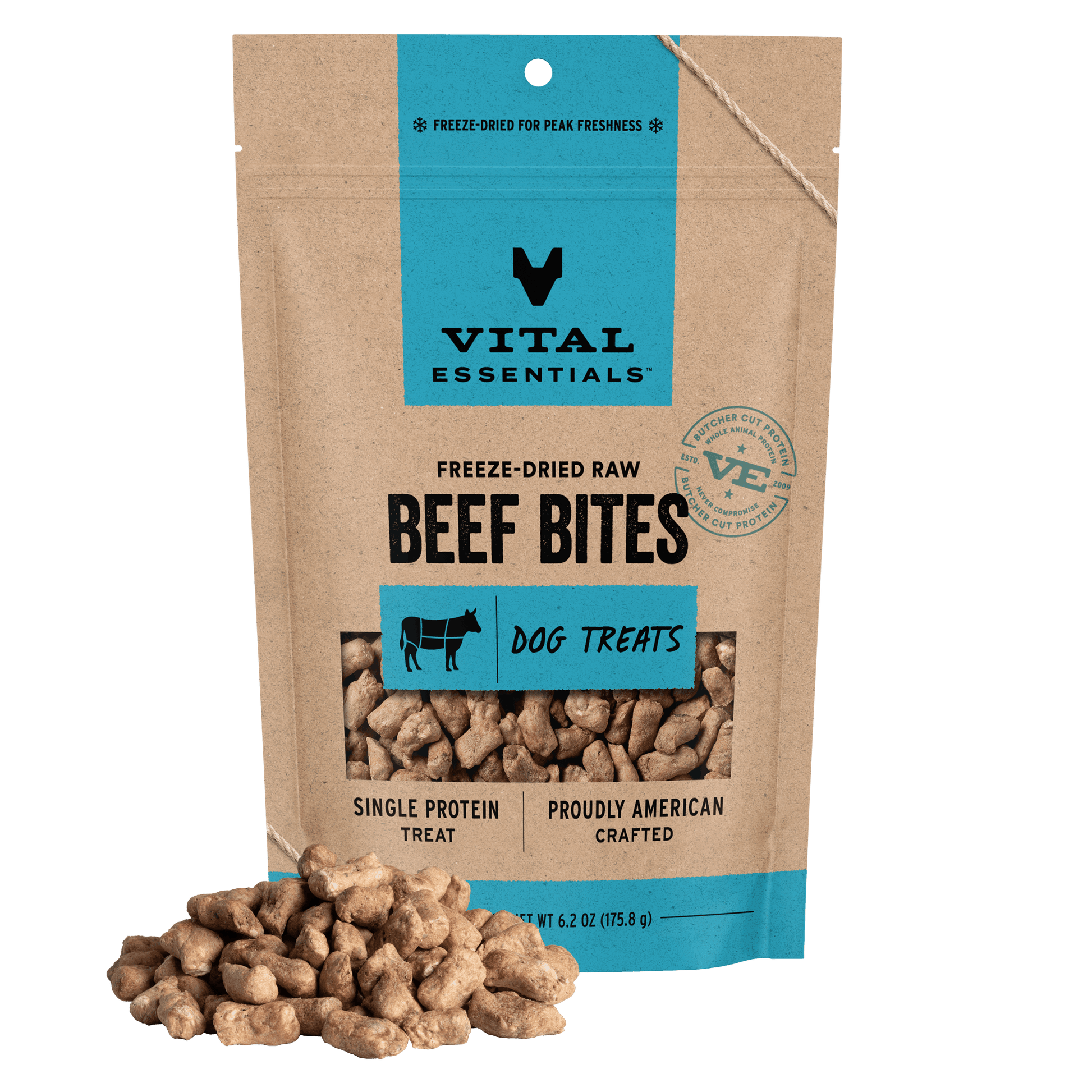 Vital Essentials Freeze-Dried Raw Beef Bites dog treats, single protein, 6.2 oz bag with treat pile