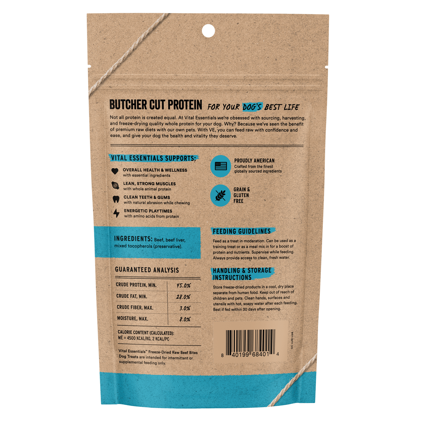 Back of Vital Essentials Beef Bites bag with ingredients, guaranteed analysis, and feeding guidelines