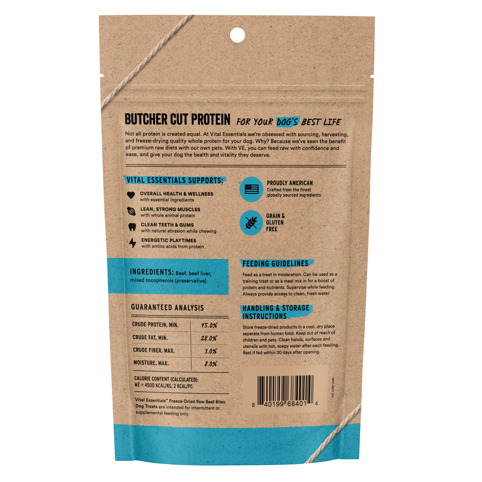 Back of Vital Essentials Beef Bites bag with ingredients, guaranteed analysis, and feeding guidelines