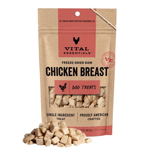 Vital Essentials Freeze-Dried Raw Chicken Breast dog treats 2.1 oz bag front with treats displayed