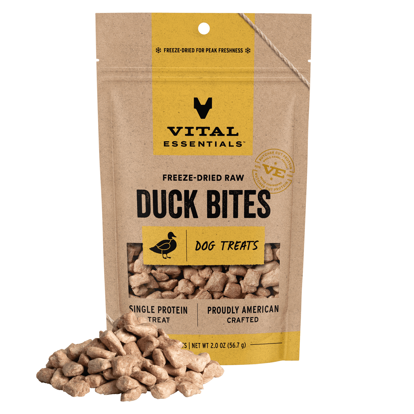 Vital Essentials Freeze-Dried Raw Duck Bites dog treats, single protein, 2.0 oz bag with treat pile