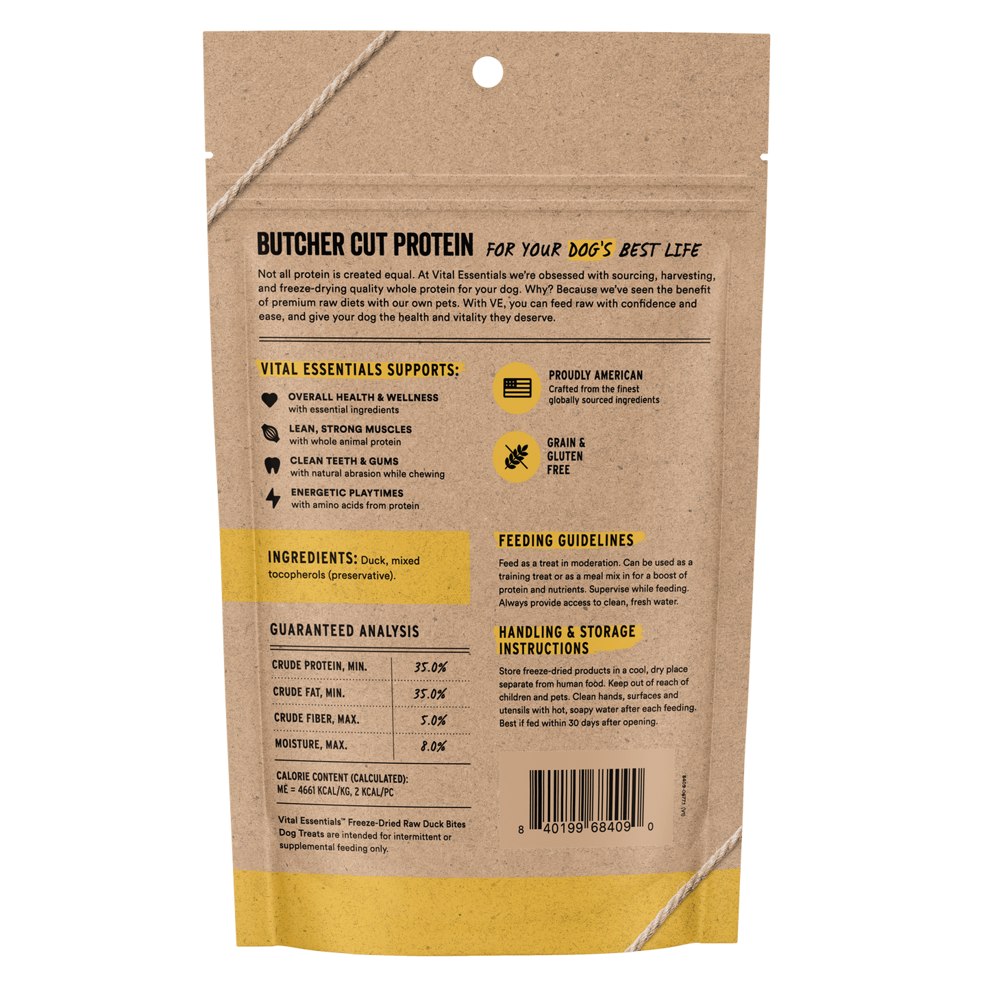 Back of Vital Essentials Duck Bites bag with ingredients, guaranteed analysis, and feeding guidelines