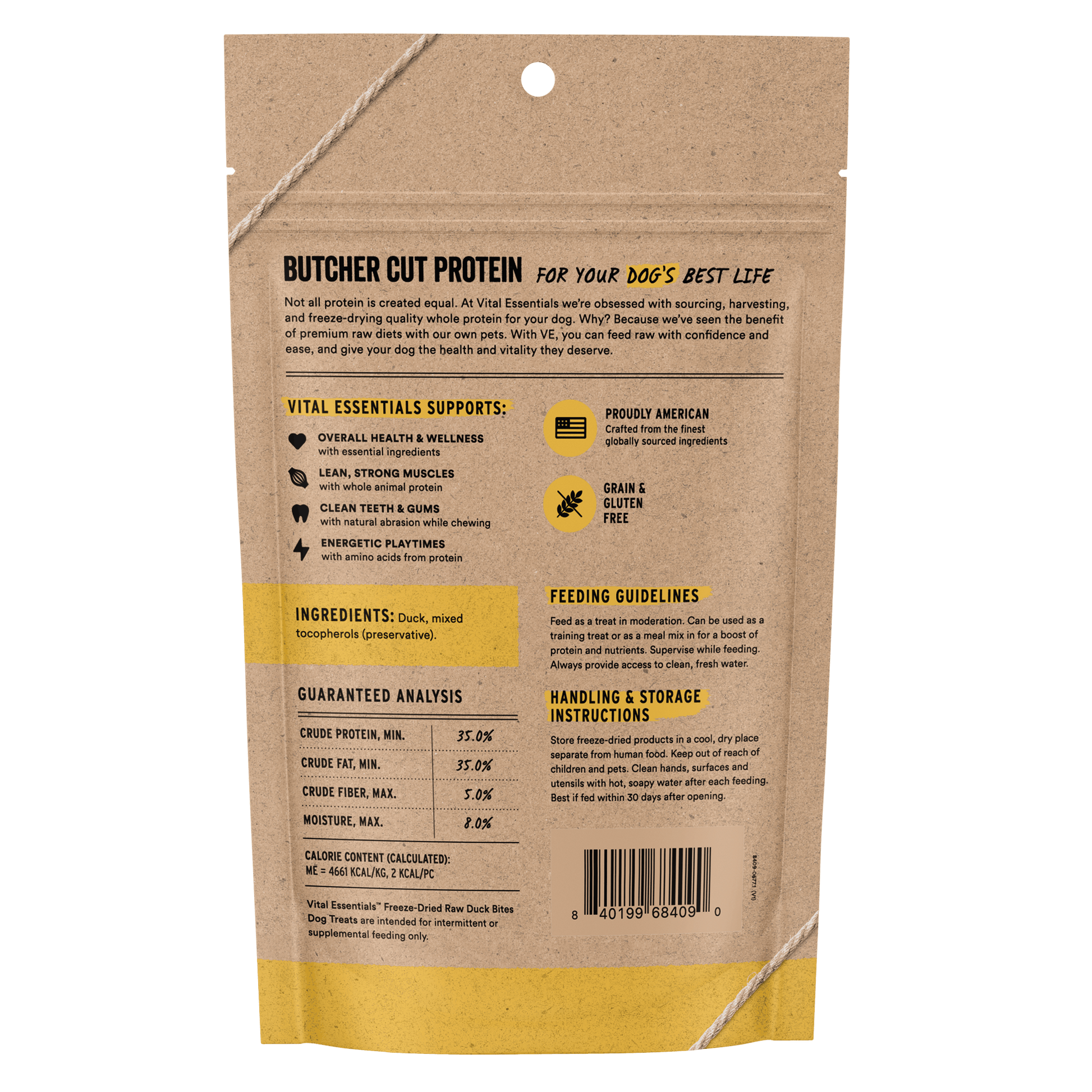 Back of Vital Essentials Duck Bites bag with ingredients, guaranteed analysis, and feeding guidelines