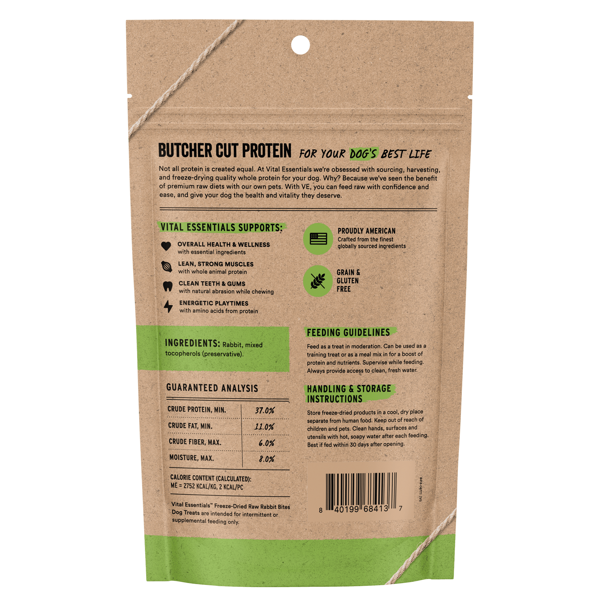 Back of Vital Essentials Rabbit Bites bag with ingredients, guaranteed analysis, and feeding guidelines