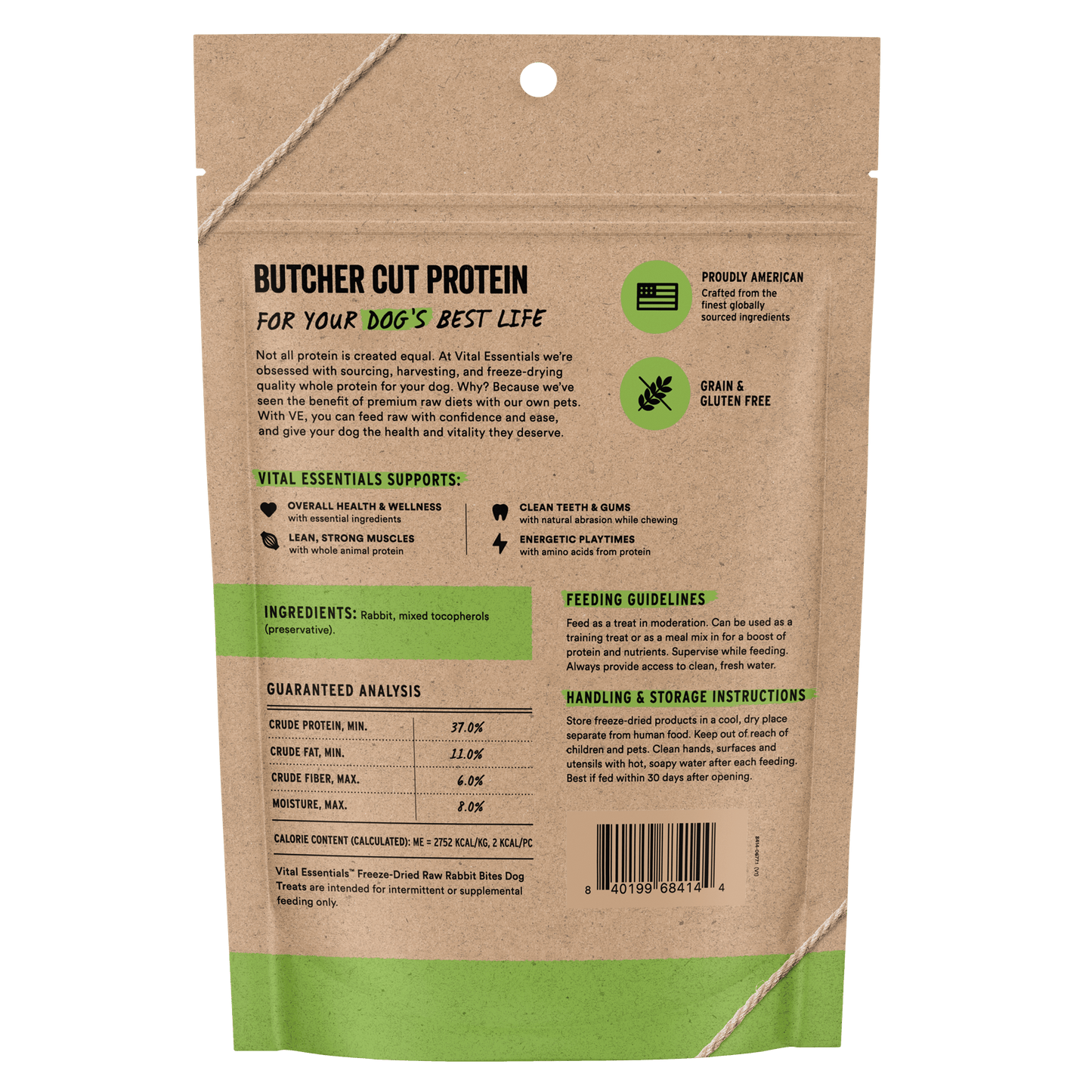 Back of Vital Essentials Rabbit Bites bag with ingredients, guaranteed analysis, and feeding guidelines