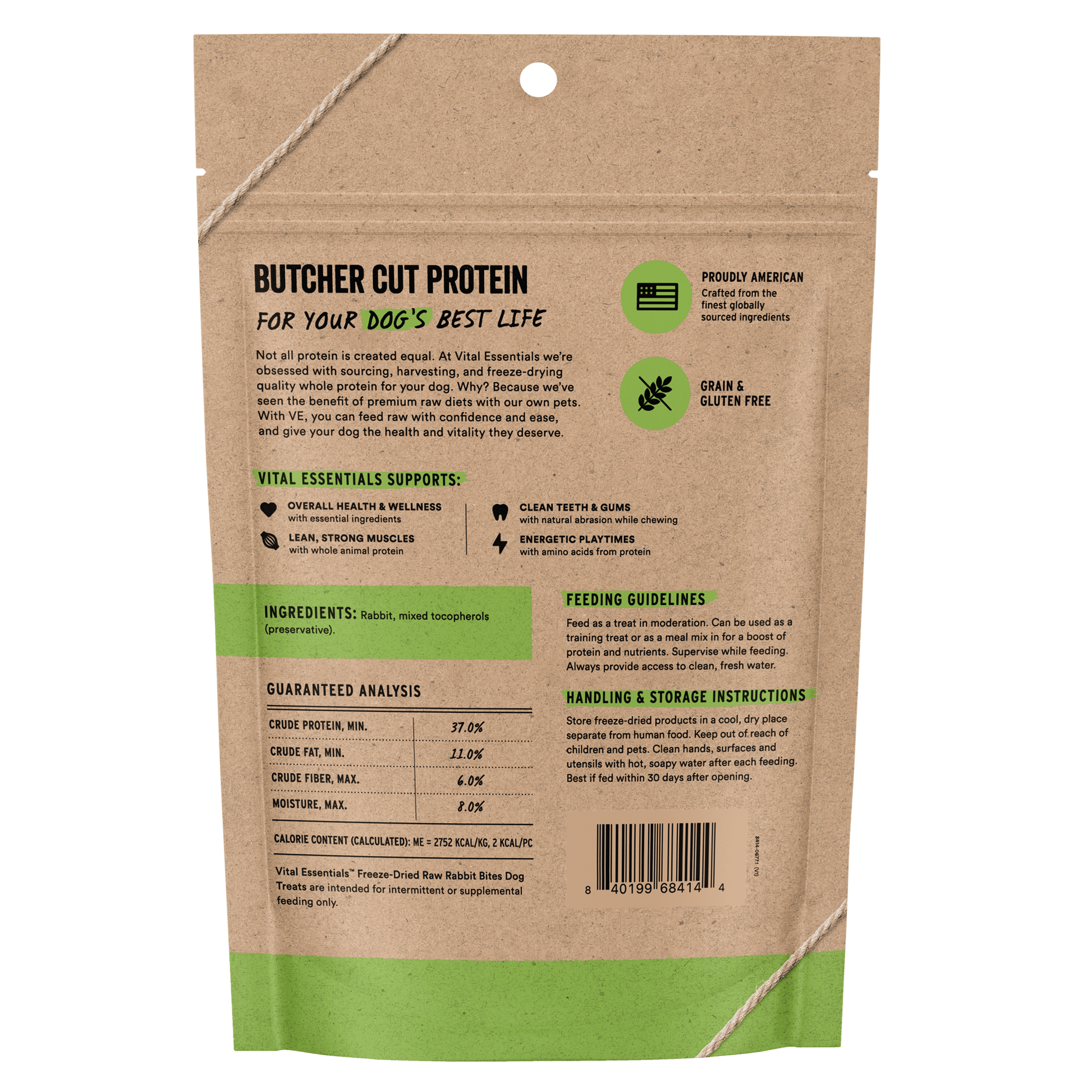 Back of Vital Essentials Rabbit Bites bag with ingredients, guaranteed analysis, and feeding guidelines