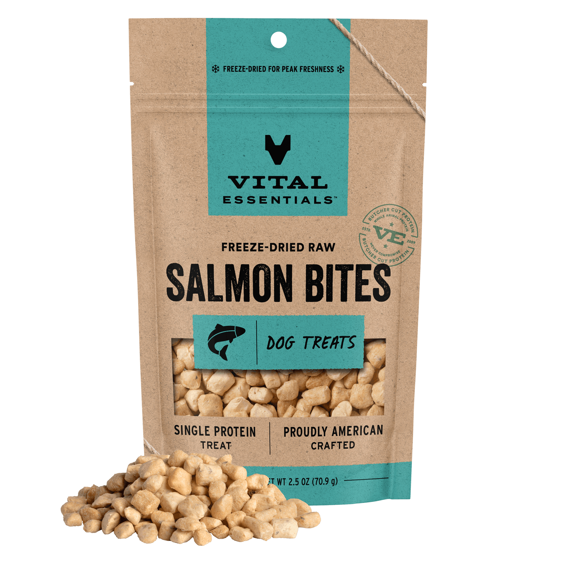 Vital Essentials Freeze-Dried Raw Salmon Bites dog treats, single protein, 2.5 oz bag with treat pile