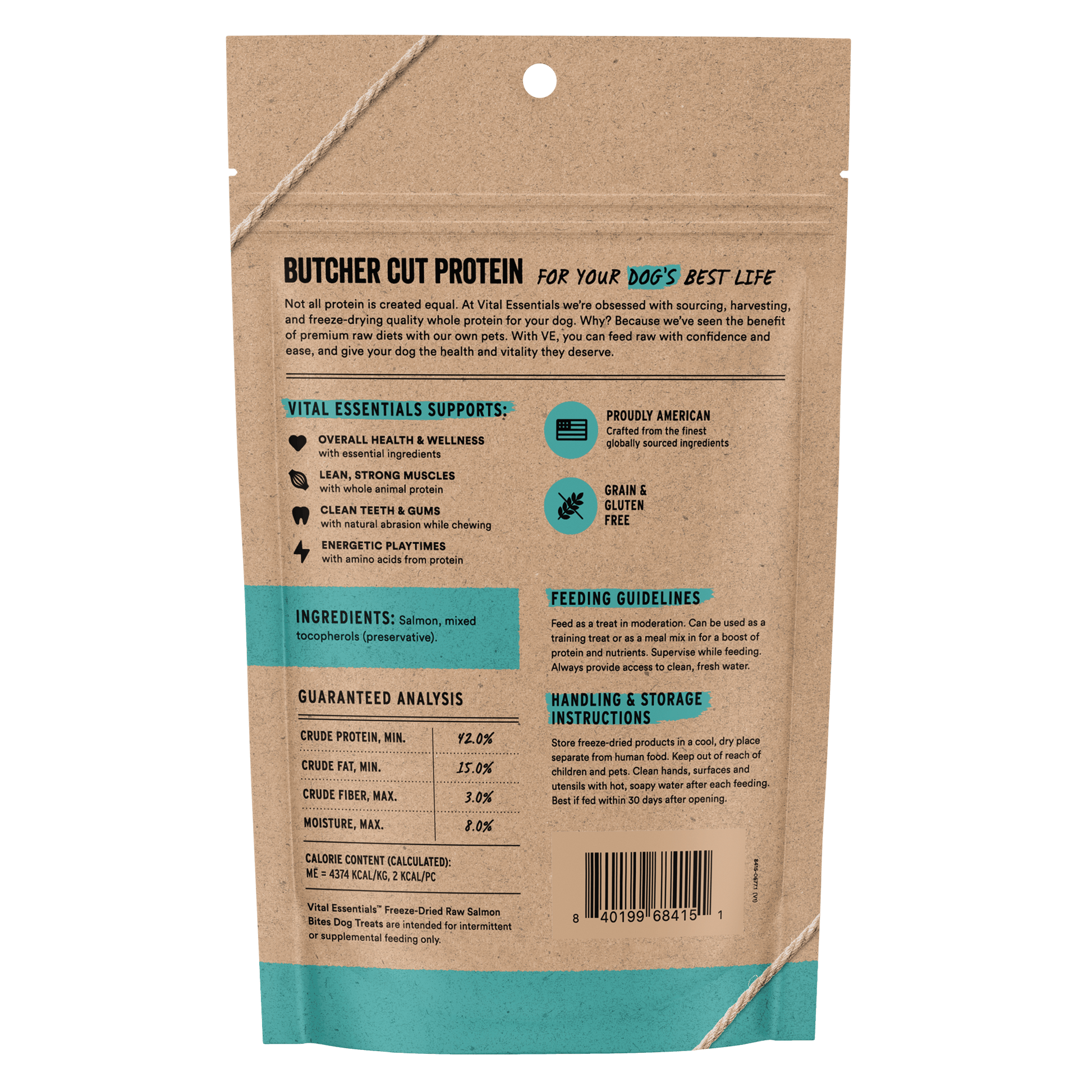 Back of Vital Essentials Salmon Bites bag with ingredients, guaranteed analysis, and feeding guidelines