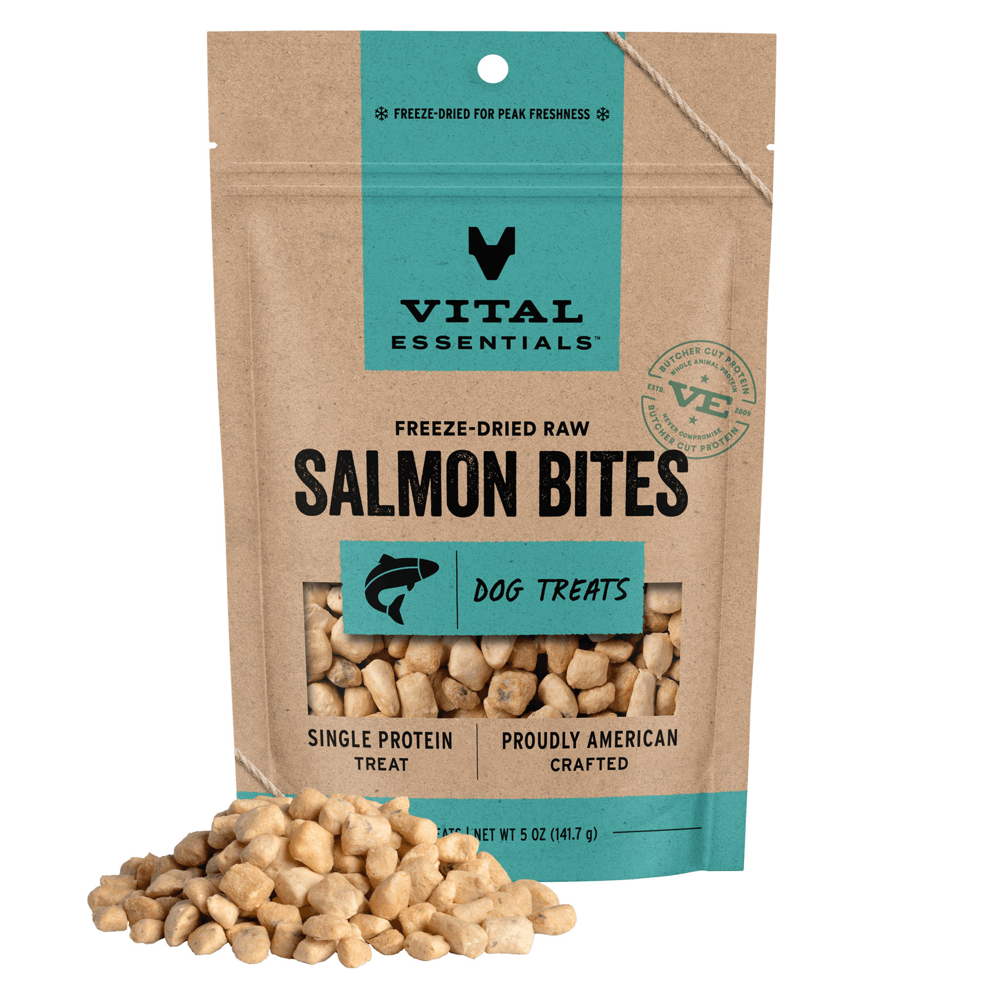 Vital Essentials Freeze-Dried Raw Salmon Bites dog treats, single protein, 5 oz bag with treat pile