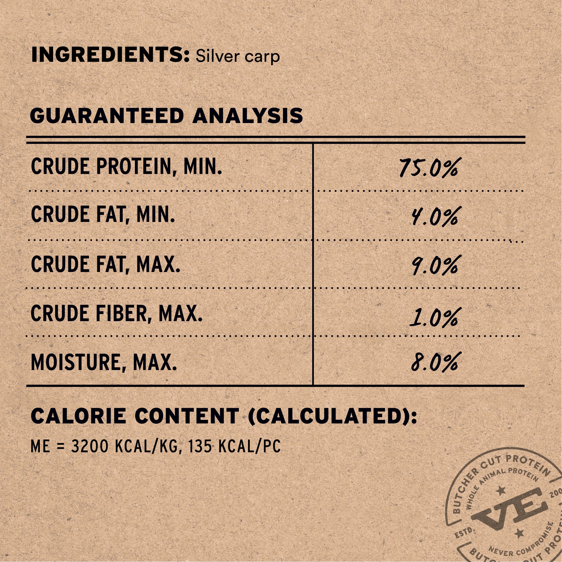 Silver carp treat single ingredient with guaranteed analysis showing 75% protein, 4% fat, 1% fiber