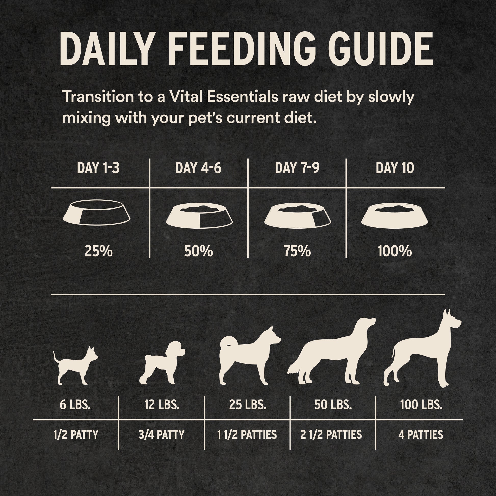 Daily feeding guide for dogs with transition schedule and patty amounts