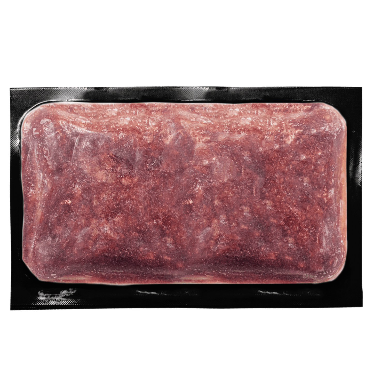 Frozen raw beef patty in sealed packaging top view