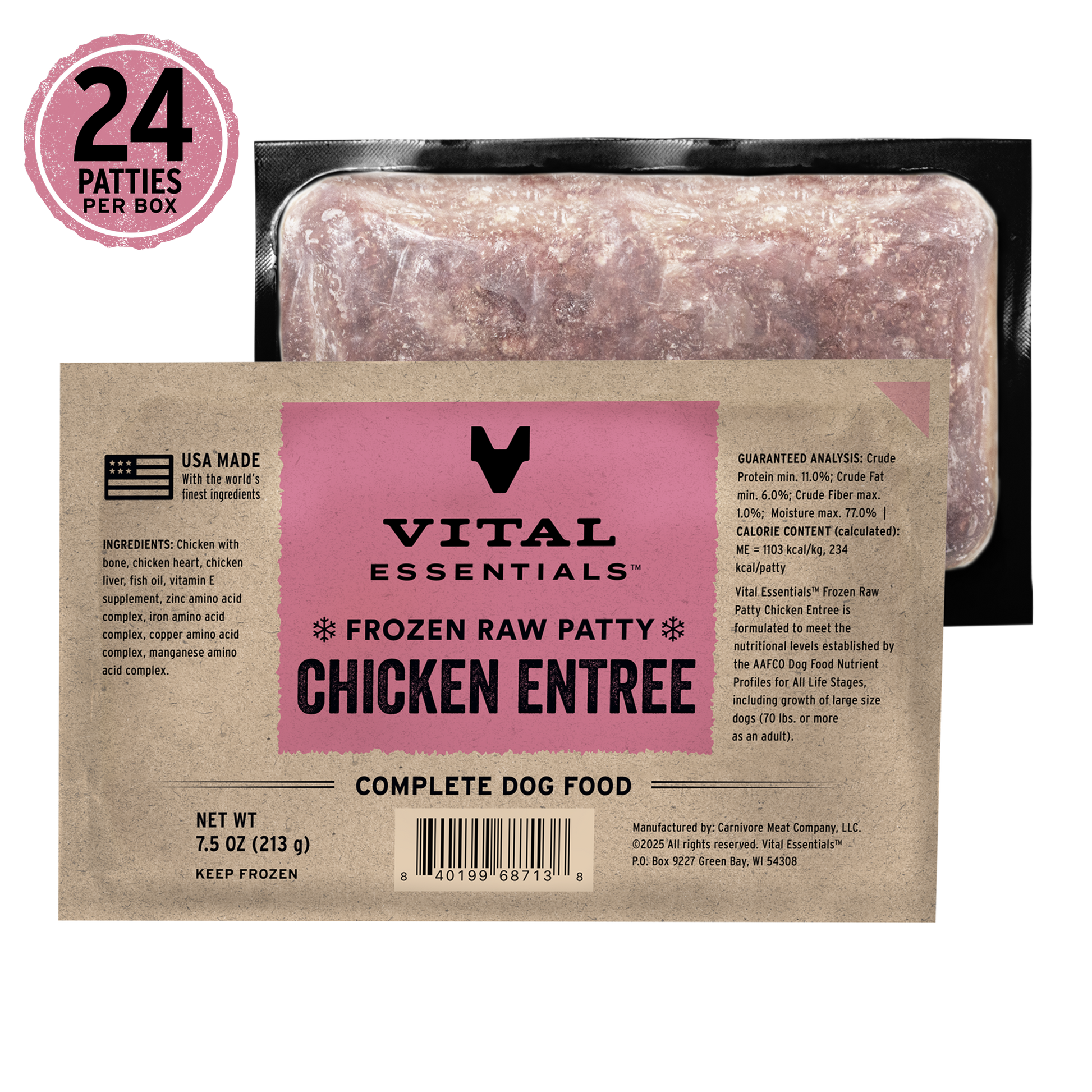 Vital Essentials frozen raw patty chicken entree packaging with pink label