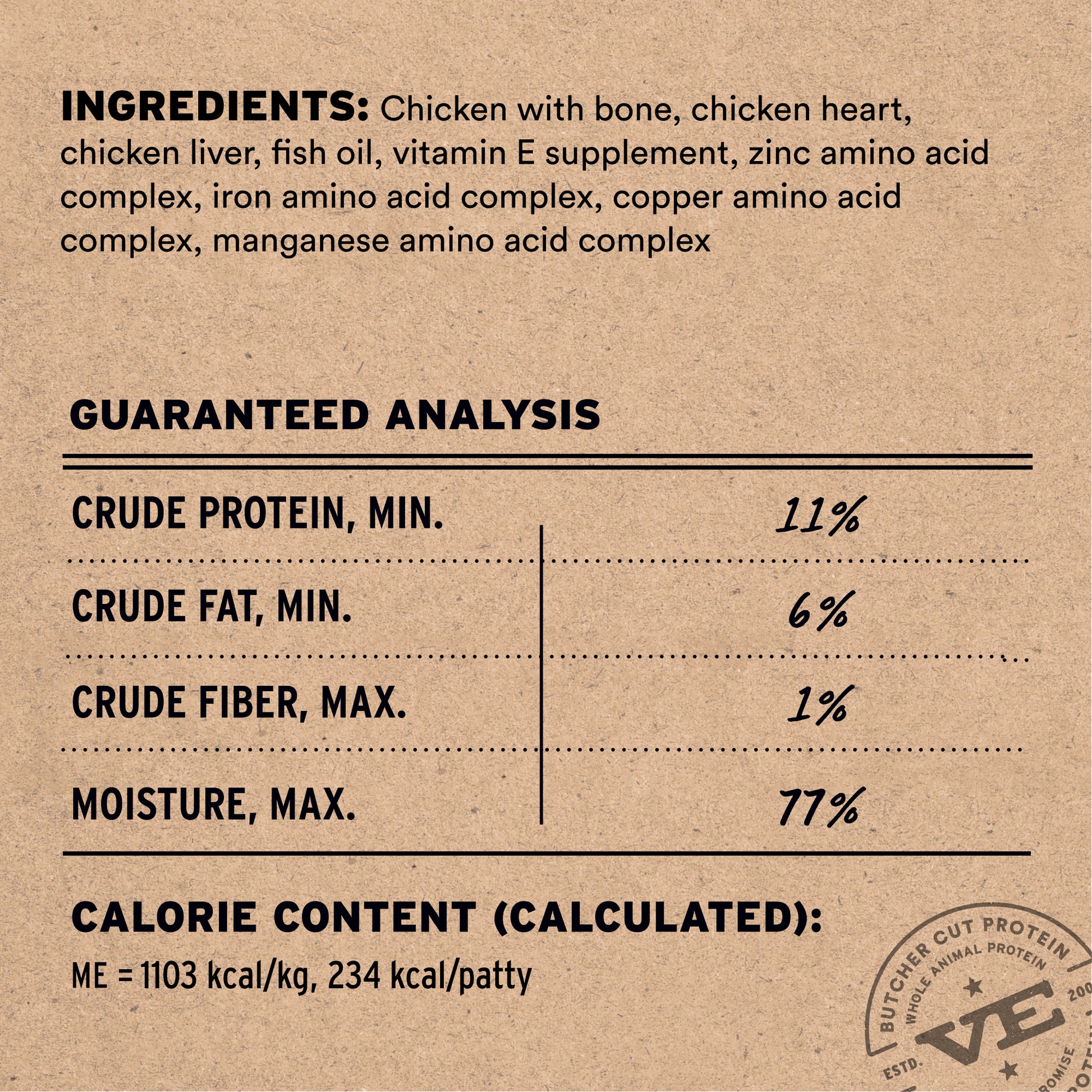 Frozen raw chicken entree ingredients and guaranteed analysis label