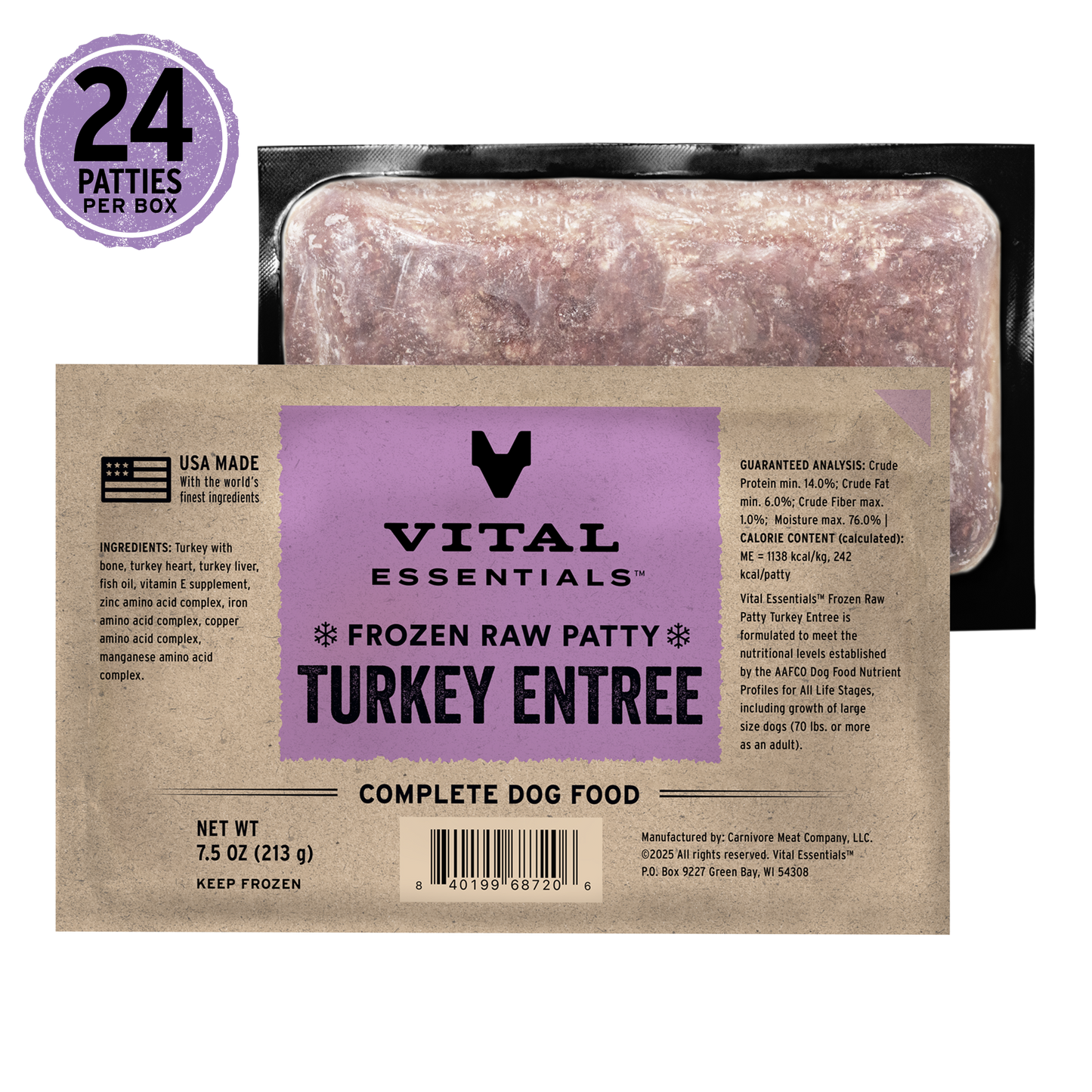 Vital Essentials frozen raw patty turkey entree packaging with purple label