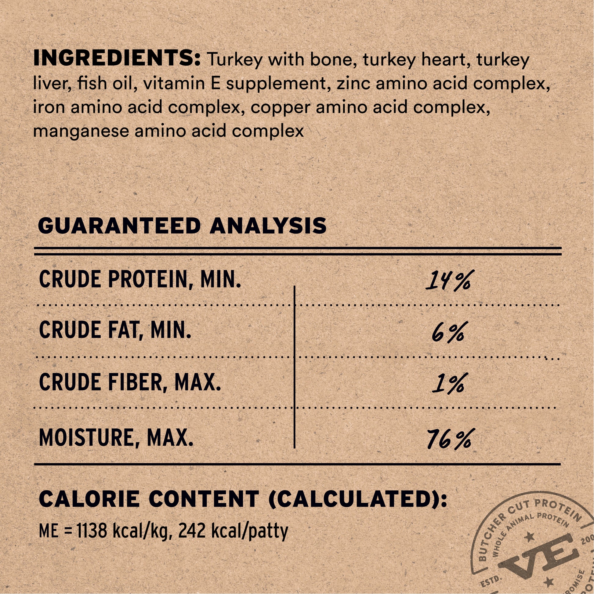 Frozen raw turkey entree ingredients and guaranteed analysis label