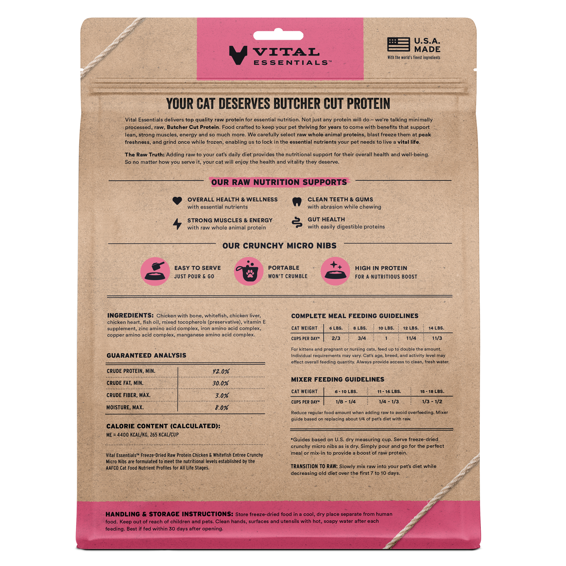 Back of Vital Essentials Chicken and Whitefish cat food bag with nutrition info, ingredients, and feeding guidelines