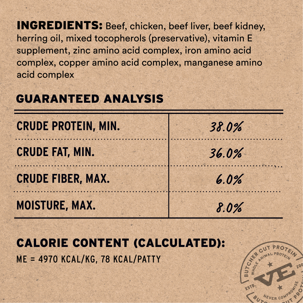 Beef and chicken recipe ingredients and guaranteed analysis label