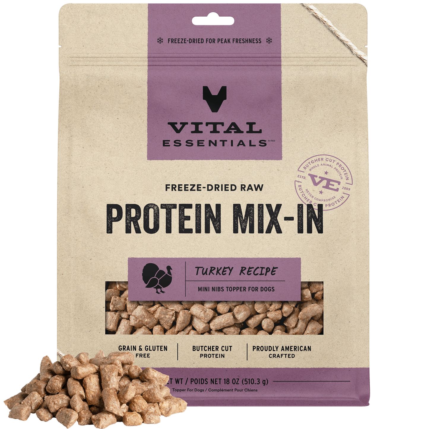 package front vital essentials®_freeze-dried raw protein mix-in_turkey_recipe_mini nibs_topper for dogs