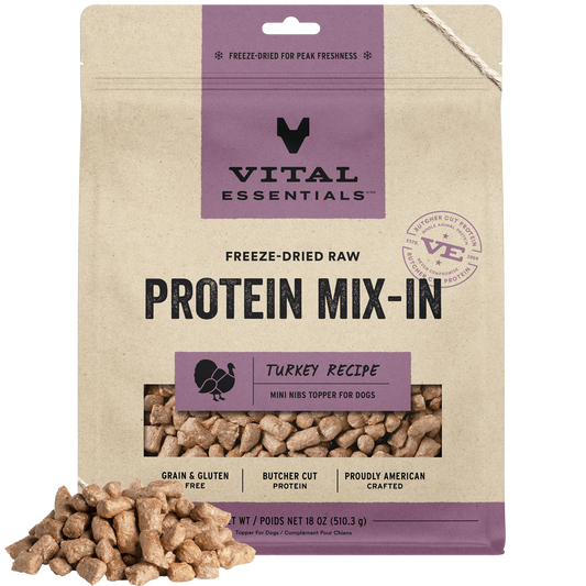 package front vital essentials®_freeze-dried raw protein mix-in_turkey_recipe_mini nibs_topper for dogs
