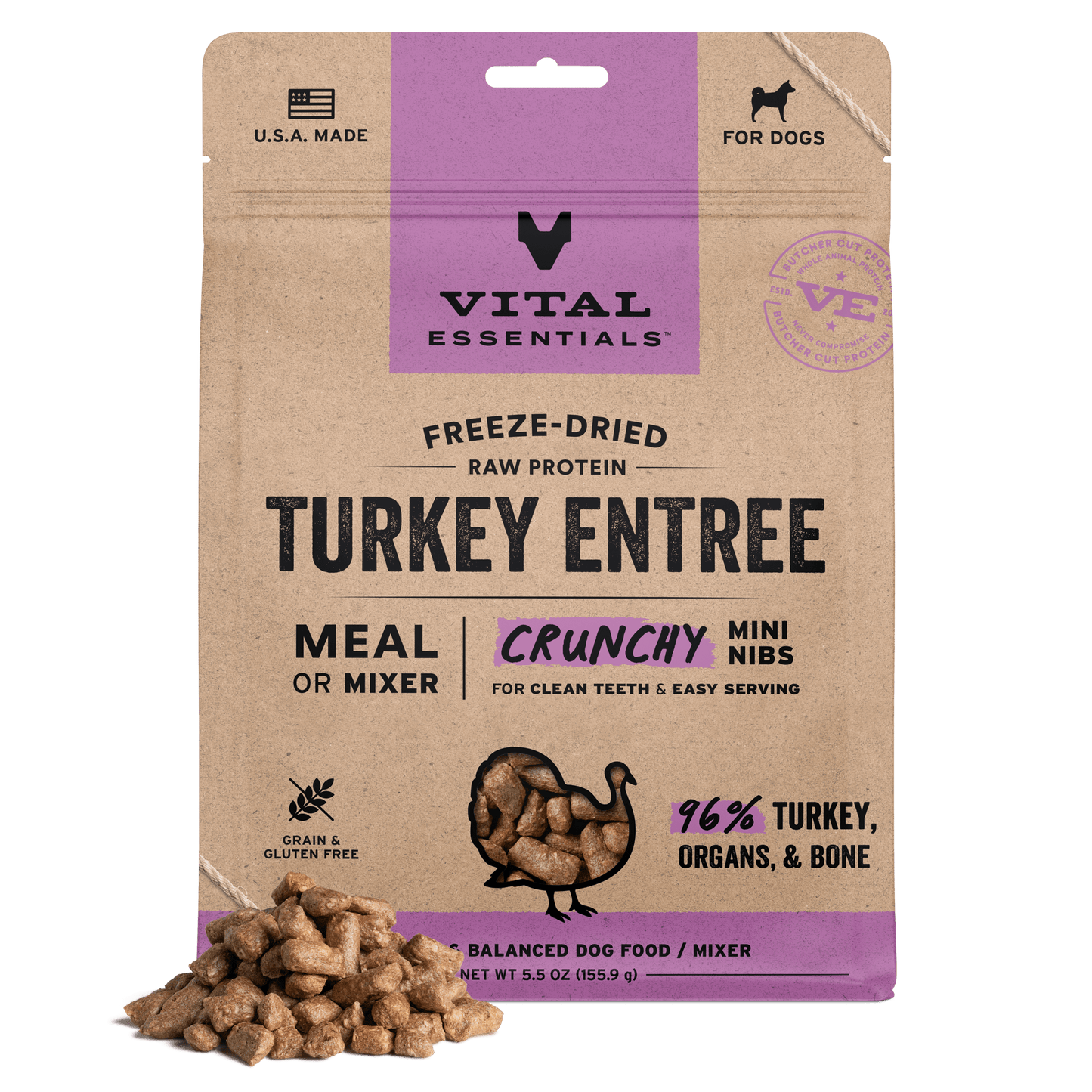 Freeze-Dried Turkey Entree Dog Food Crunchy Mini Nibs