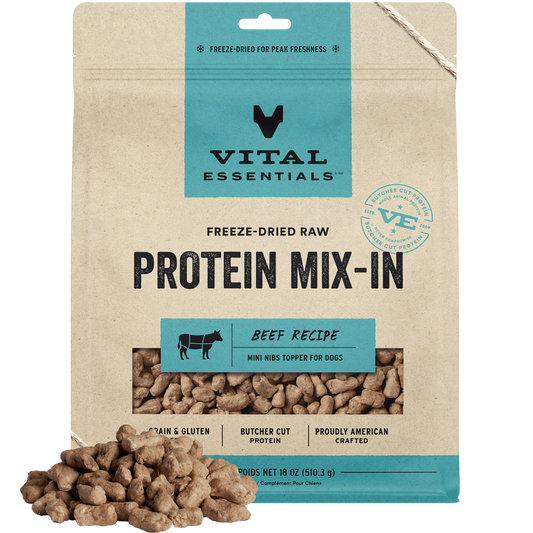 package front vital essentials®_freeze-dried raw protein mix-in_beef_recipe_mini nibs_topper for dogs