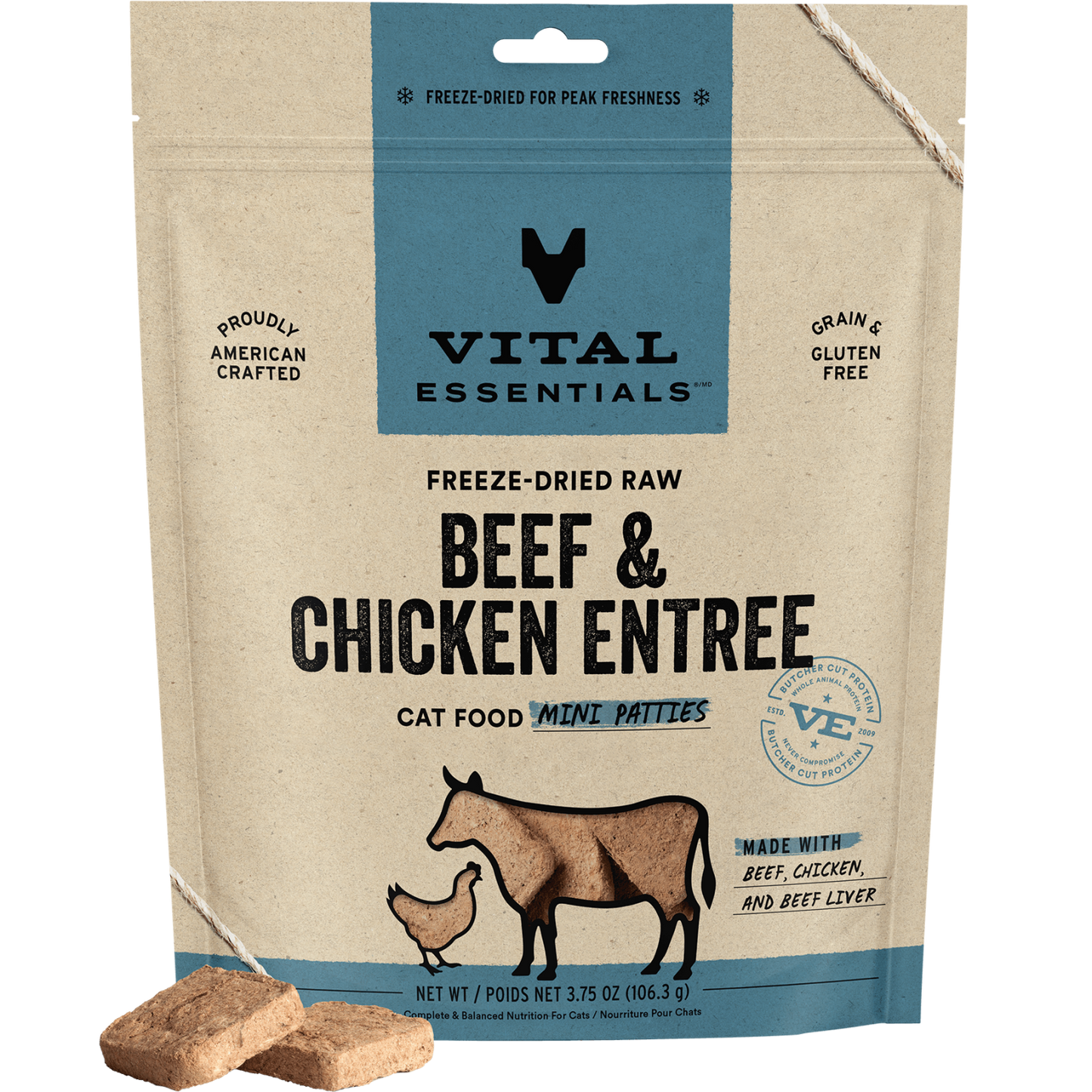 package front vital essentials®_freeze-dried raw_beef & chicken_entree_mini patties_cat food