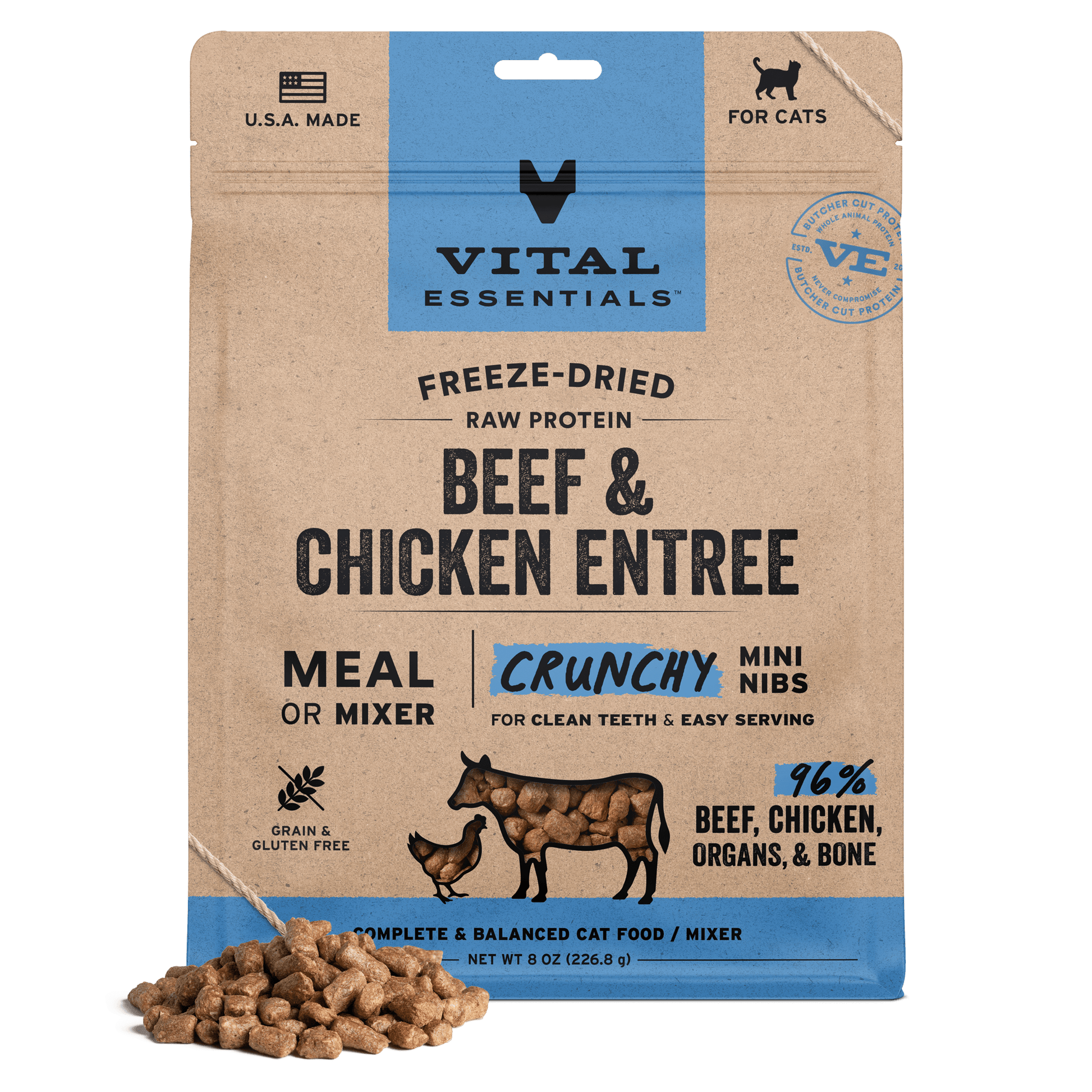 package front vital essentials®_freeze-dried raw_beef & chicken_entree_crunchy nibs_cat food
