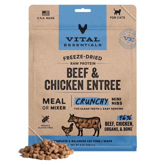 package front vital essentials®_freeze-dried raw_beef & chicken_entree_crunchy nibs_cat food