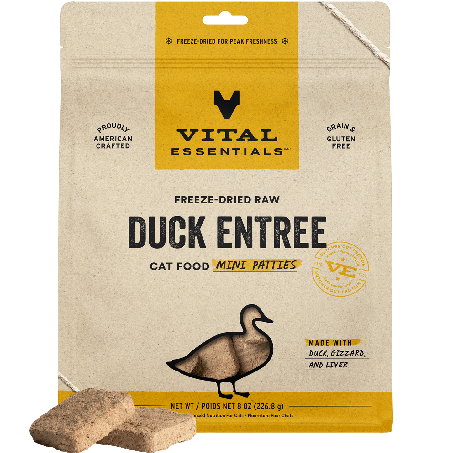 package front vital essentials®_freeze-dried raw_duck_entree_mini patties_cat food