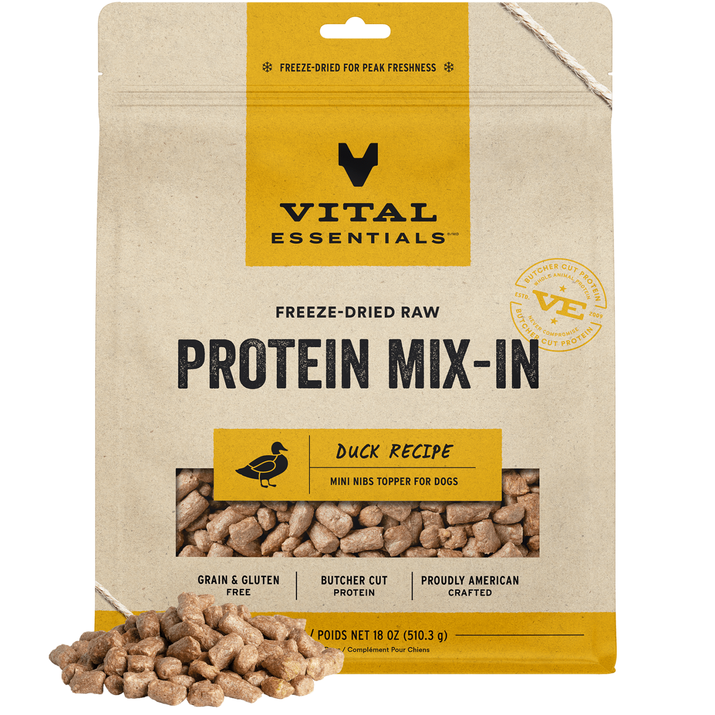 package front vital essentials®_freeze-dried raw protein mix-in_duck_recipe_mini nibs_topper for dogs