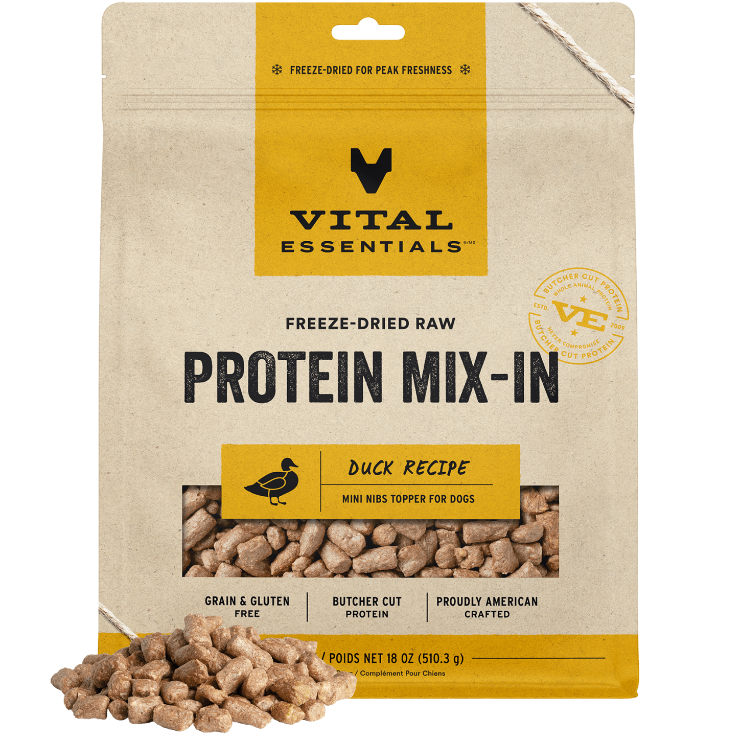 package front vital essentials®_freeze-dried raw protein mix-in_duck_recipe_mini nibs_topper for dogs