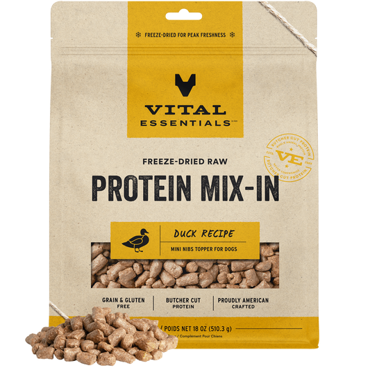 package front vital essentials®_freeze-dried raw protein mix-in_duck_recipe_mini nibs_topper for dogs