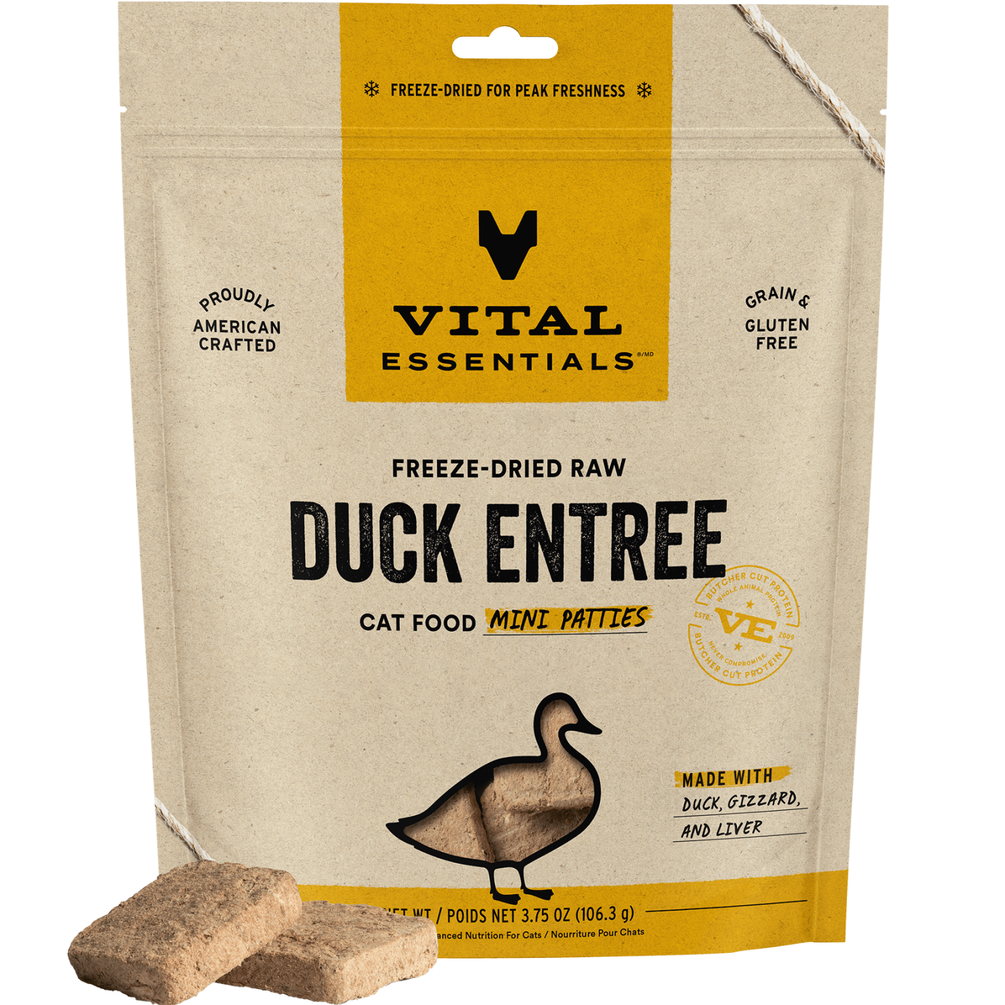 package front vital essentials®_freeze-dried raw_duck_entree_mini patties_cat food