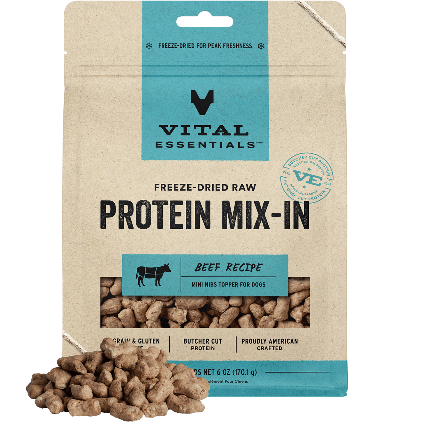 package front vital essentials®_freeze-dried raw protein mix-in_beef_recipe_mini nibs_topper for dogs