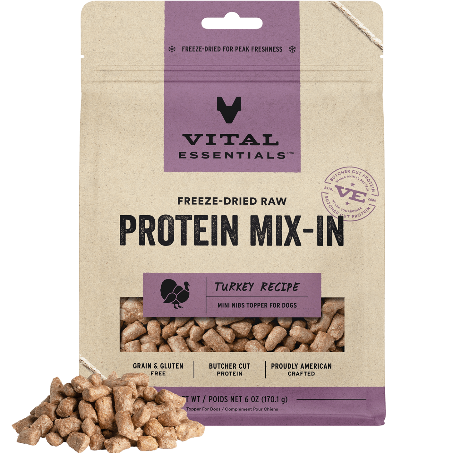 package front vital essentials®_freeze-dried raw protein mix-in_turkey_recipe_mini nibs_topper for dogs
