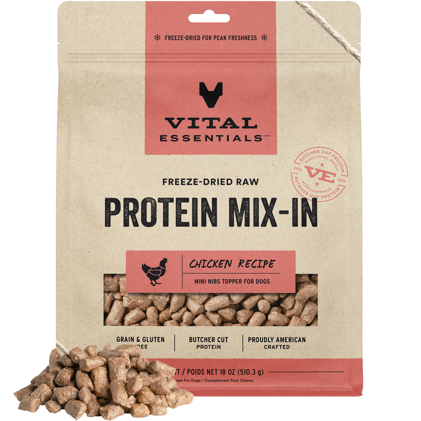 package front vital essentials®_freeze-dried raw protein mix-in_chicken_recipe_mini nibs_topper for dogs