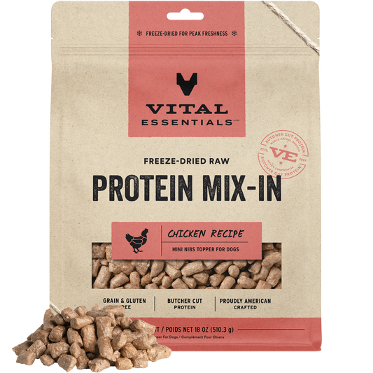 package front vital essentials®_freeze-dried raw protein mix-in_chicken_recipe_mini nibs_topper for dogs