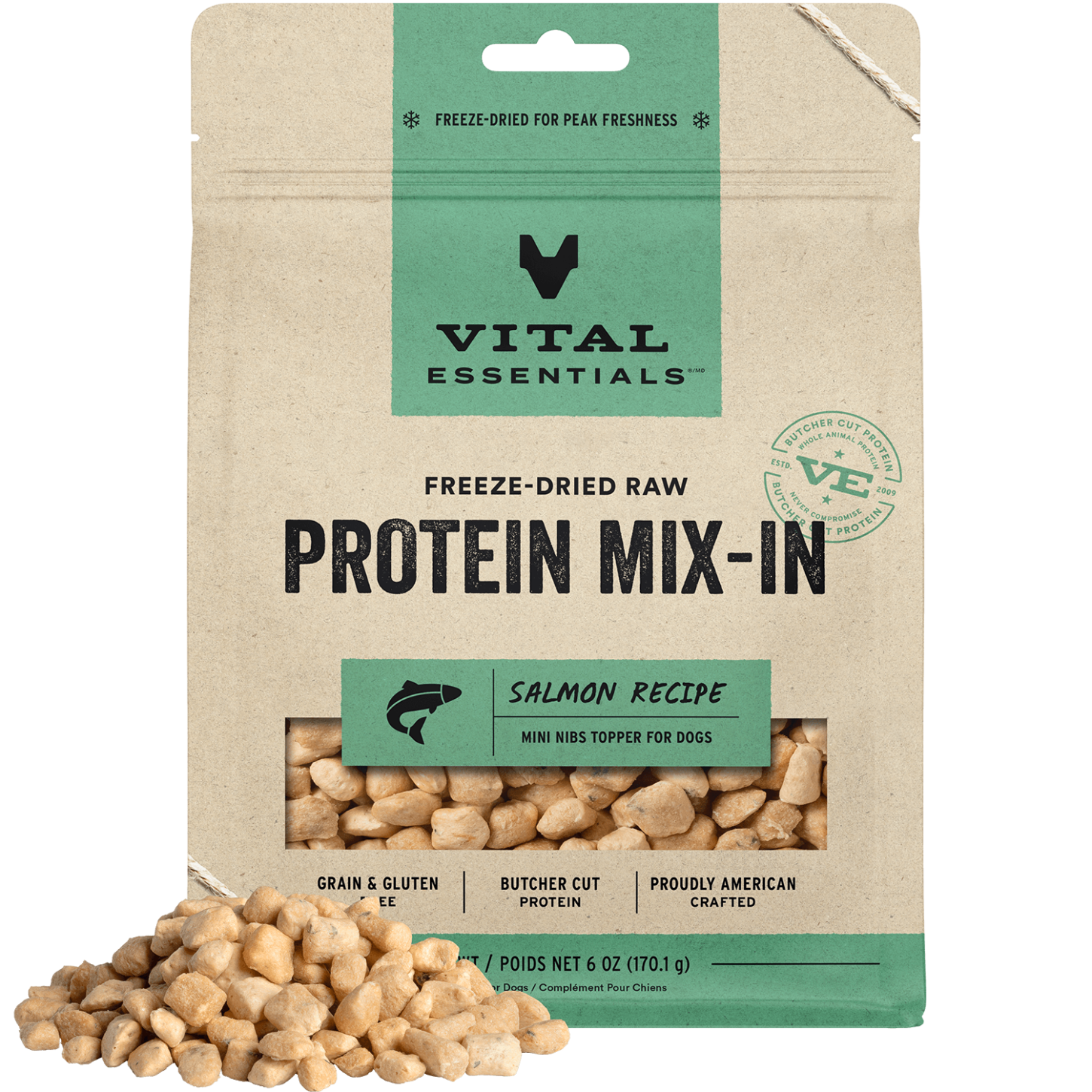 package front vital essentials®_freeze-dried raw protein mix-in_salmon_recipe_mini nibs_topper for dogs