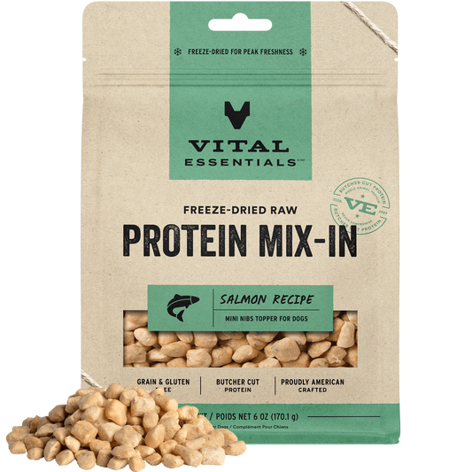 package front vital essentials®_freeze-dried raw protein mix-in_salmon_recipe_mini nibs_topper for dogs