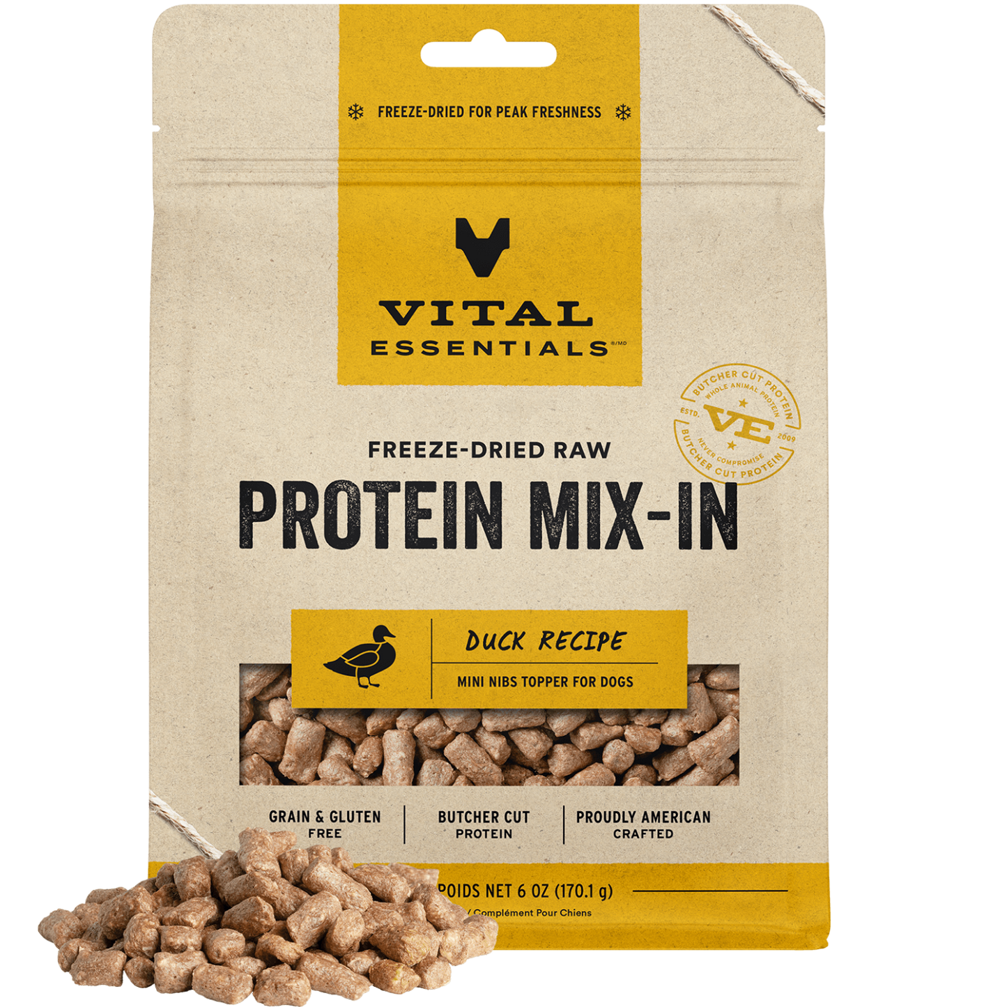 package front vital essentials®_freeze-dried raw protein mix-in_duck_recipe_mini nibs_topper for dogs