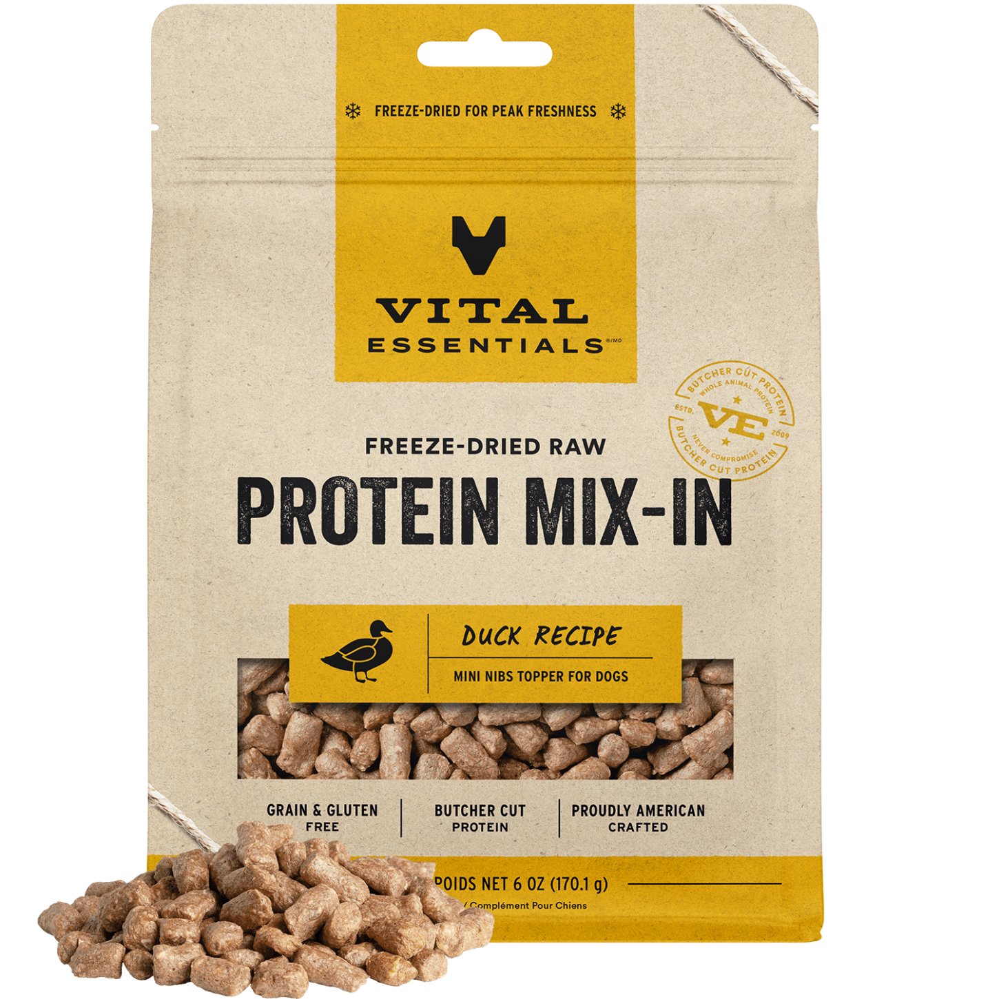 package front vital essentials®_freeze-dried raw protein mix-in_duck_recipe_mini nibs_topper for dogs